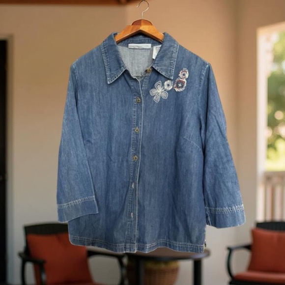 Liz Claiborne Denim Jacket - Tunic / shirt Button down embroidery Large - Picture 8 of 14